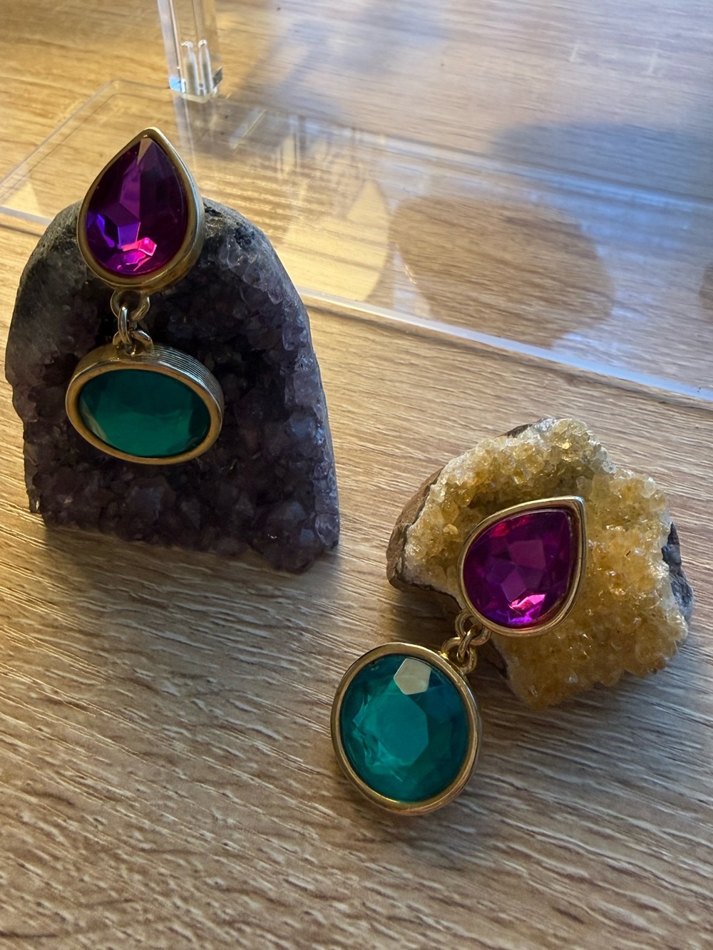 Vintage Gold-Tone Drop Earrings with Purple Teardrop & Teal Oval Stones